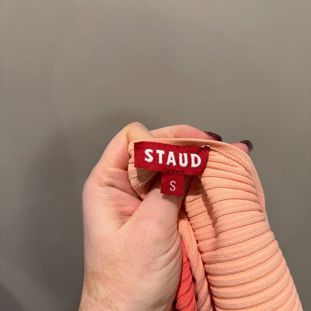 STAUD Dana Ribbed Knit Colorblock Midi Dress Peach Coral Orange Sml V-Neck Small - Picture 10 of 14